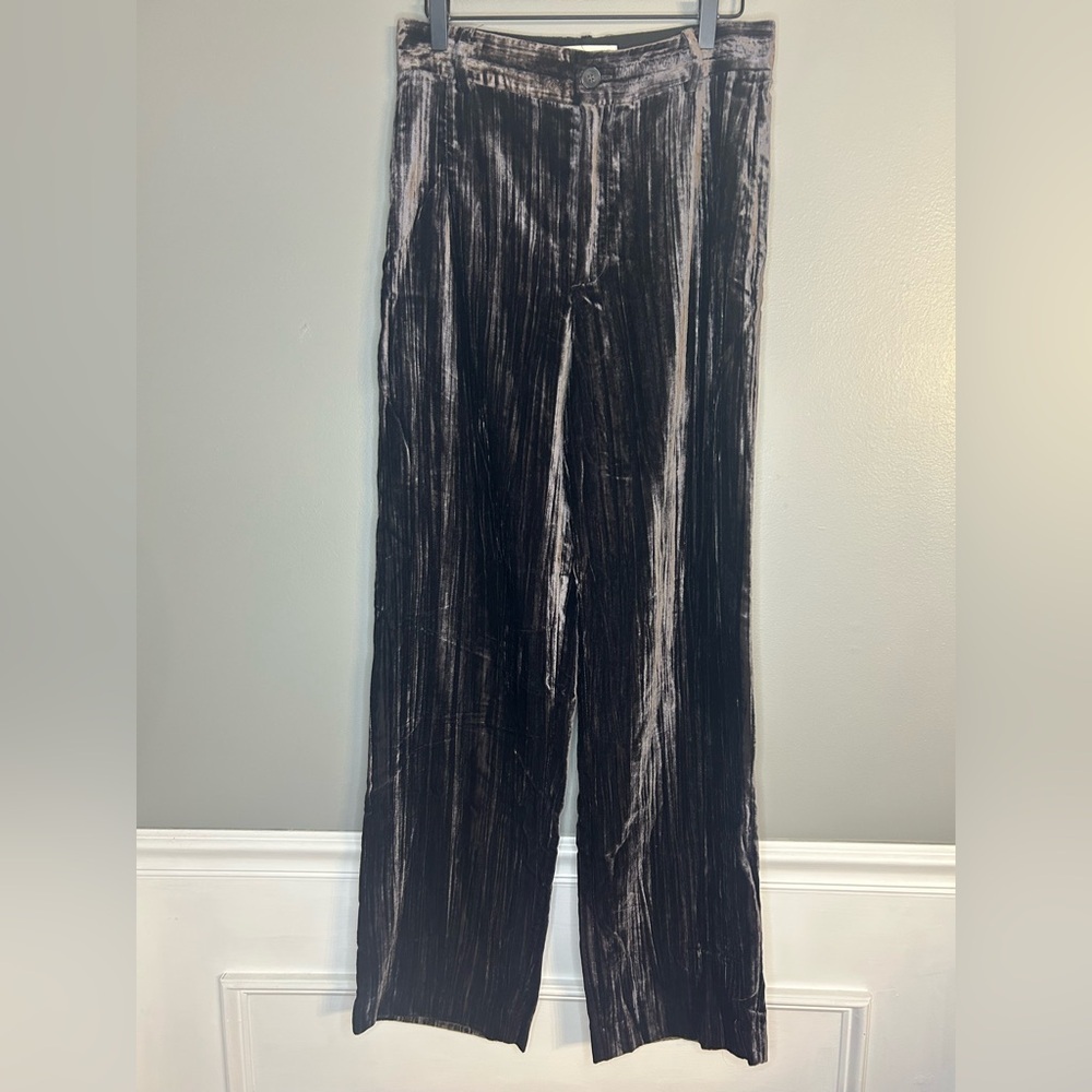 Zara Women’s Gray Pleated Crushed Velvet High Waisted Wide Leg Pants, Sz Medium - Picture 6 of 14